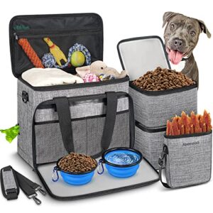 6 Set Dog Travel Bag, Large Pet Travel Kit for Supplies Includes 2 Food Containers, 1 Travel Organizer for Dogs, 2 Collapsible Bowls, 1 Treat Pouch, Dog Weekend Overnight Travel Bags Luggage, Grey