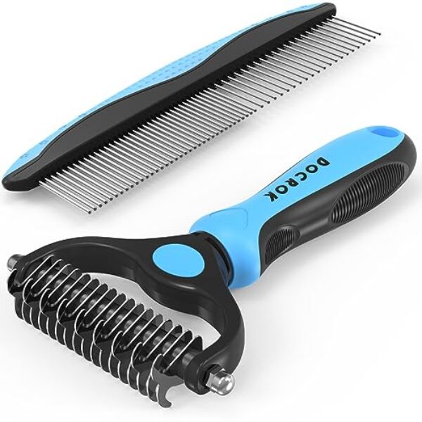 Dog Grooming Brush and Metal Comb, Undercoat Rake for Dogs Grooming Supplies Dematting Deshedding Brush for Shedding, Cat Brush Deshedder Brush Dogs Shedding Tool for Long matted Haired Pets, Blue