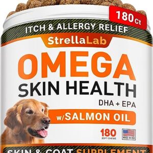 Fish Oil Omega 3 Treats for Dogs - Allergy and Itch Relief - Skin and Coat Supplement - Joint Health - Wild Alaskan Salmon Oil - Shedding, Itchy Skin Relief - Omega 3 6 9 - EPA & DHA - 180 Treats