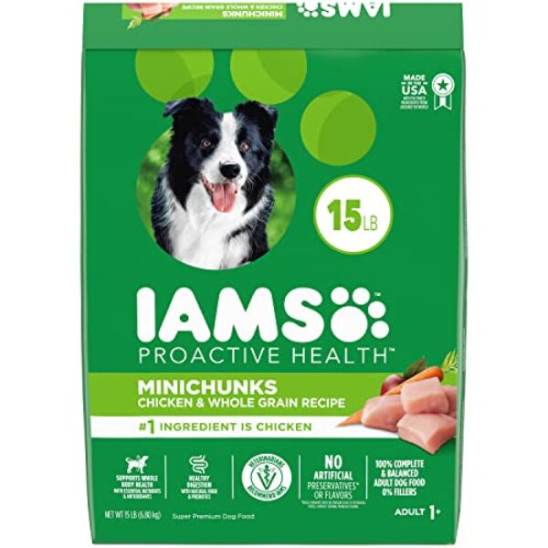 IAMS Adult Minichunks Small Kibble High Protein Dry Dog Food with Real Chicken, 15 lb. Bag