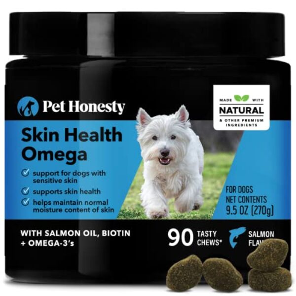 Pet Honesty Omega SkinHealth Chews for Dogs - Omega 3 Fish Oil - Krill, Spirulina, Omega-3s, Alaskan for Healthy Skin & Coat, Helps Itchy Skin, Dog Allergies, May Reduce Normal Shedding - (90 Count)
