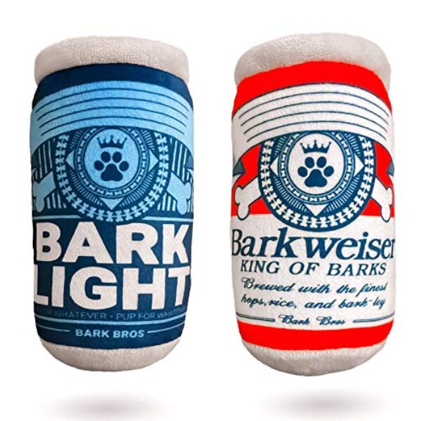 Bark Bros - Barklight Barkweiser - Two Pack Plush Squeaky Dog Toys Funny Drink Parody - Alcohol Dog Toy - Dog Birthday Toy - Cute Dog Toys - Beer Dog Toy - Puppy Gifts