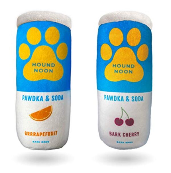 Bark Bros - Hound Noon - Two Pack Plush Squeaky Dog Toys Funny Drink Parody - Alcohol Dog Toy - Dog Birthday Toy - Cute Dog Toys - Beer Dog Toy - Puppy Gifts (Hound Noon Pawdka & Soda)