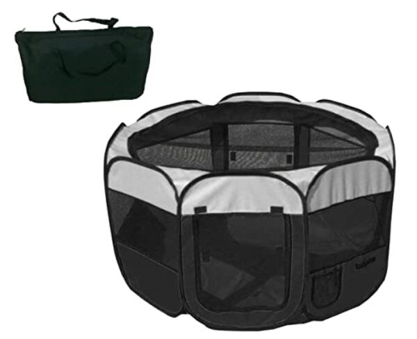 Pet Life All-Terrain Lightweight Wire-Framed Folding Collapsible Pet Playpen, Travel Cat and Dog Playpen, Features Breathable Mesh and Zippered Entrances with Carrying case