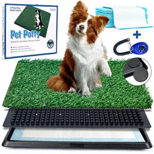 Petwish Small (20" x 16") Dog Grass Pad with Tray Indoor Dog Potty Grass pad for Dogs - Portable Training Pad with Tray and Artificial Grass for Dogs - Includes 12Pcs Pee Pads & a Dog Clicker.