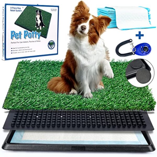 Petwish Small (20" x 16") Dog Grass Pad with Tray Indoor Dog Potty Grass pad for Dogs - Portable Training Pad with Tray and Artificial Grass for Dogs - Includes 12Pcs Pee Pads & a Dog Clicker.